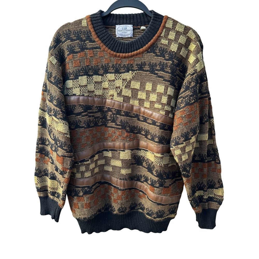 Pronto Uomo Firenze Italy Vintage Leather Knit Sweater Brown Mens Medium